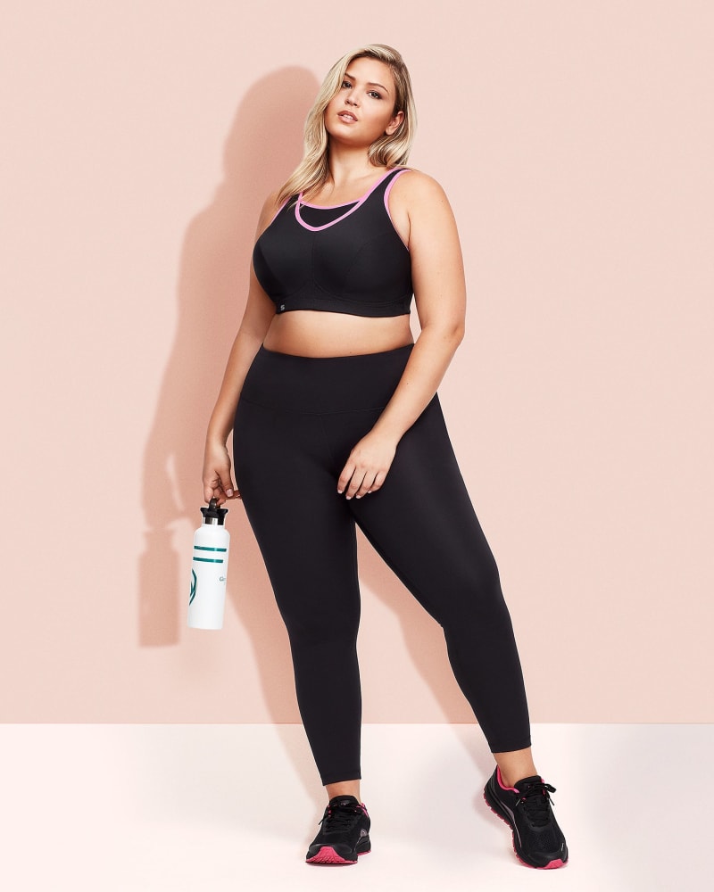 Front of a model wearing a size 50DD No-Bounce Camisole Sports Bra in Black/Pink by Glamorise Sport. | dia_product_style_image_id:263144